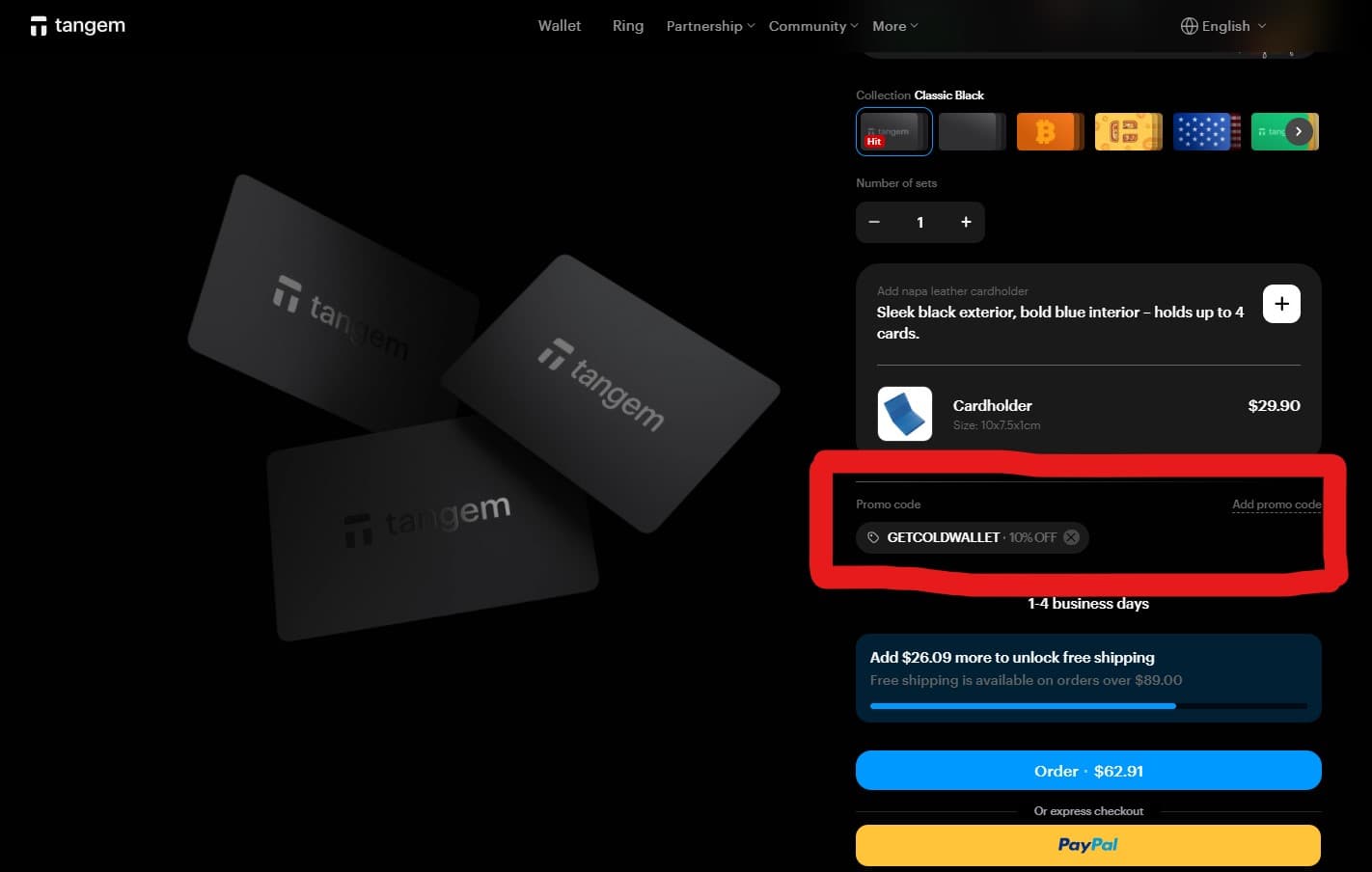 Tangem checkout page showing where to enter promo code for discount