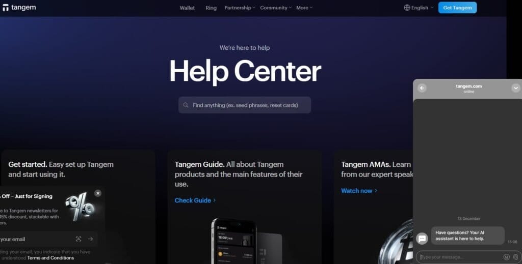 Contacting Tangem support via the mobile app to avoid scams